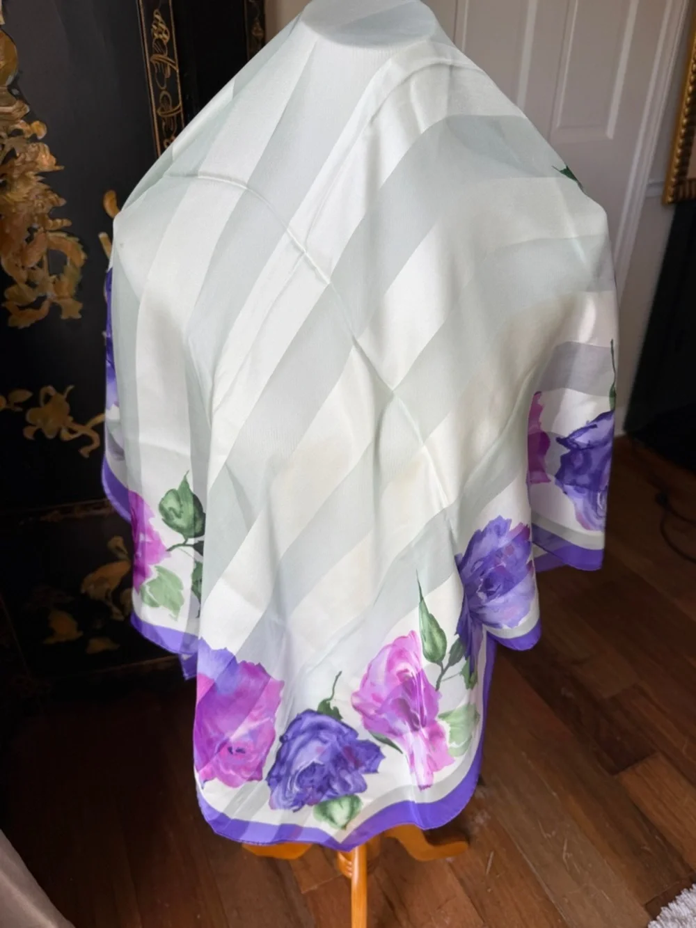 Vintage Floral Silk Scarf in Purple, Pink & Green